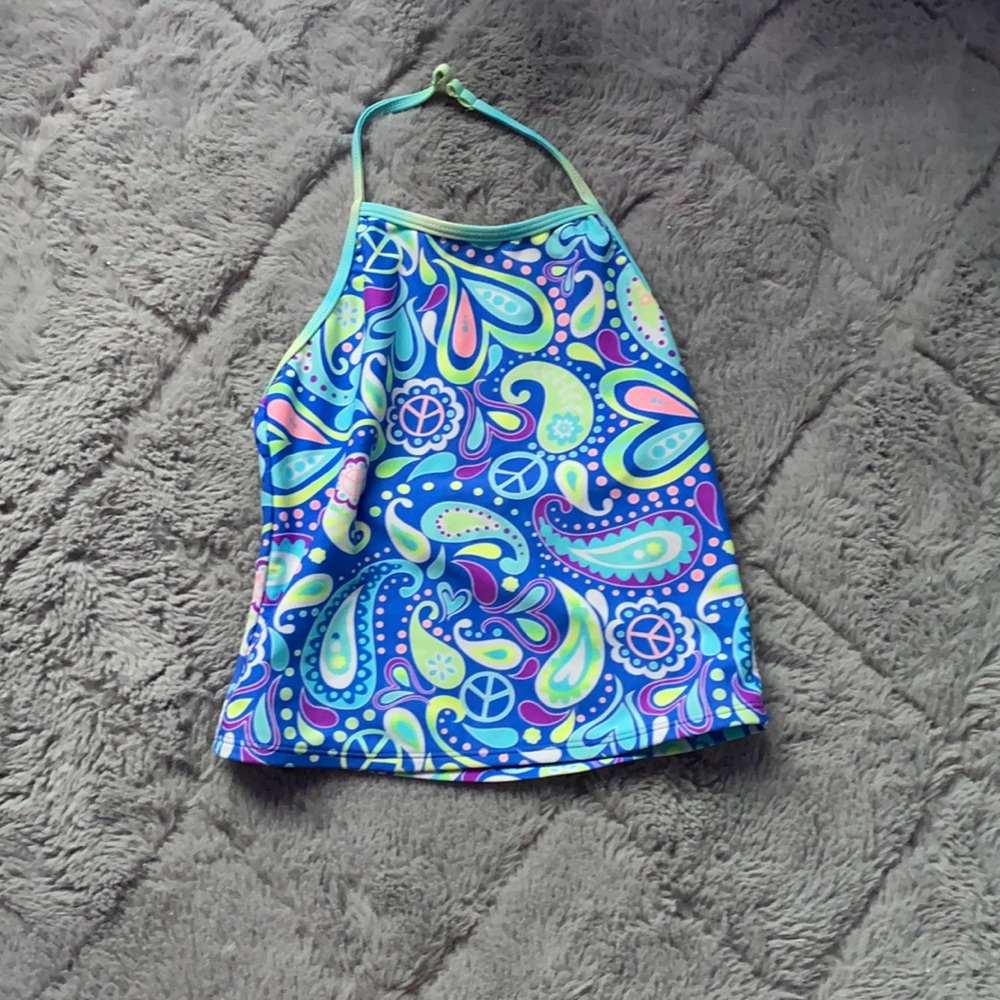 Blue and green swimsuit top for girls.